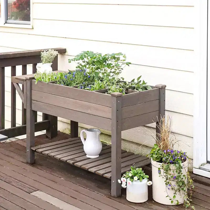 Jardinière surélevée avec grande étagère de rangement | Bac à herbes en bois