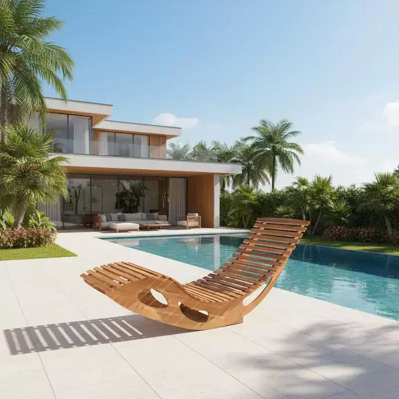 Chaise longue d'extérieur à dossier haut avec assise à lattes