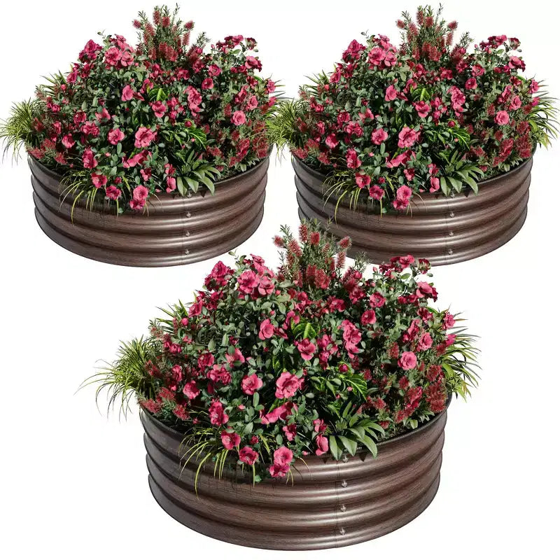 3PCS 2x1ft Round Galvanized Raised Garden Beds, Rust-Resistant Metal Planter Box with Rubber Edge, Open Bottom, Wood Color