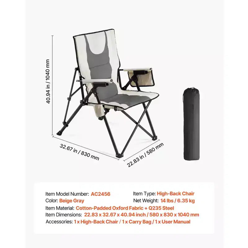 Chaise de camping pliante - Chaise de camping à dossier haut pour l'extérieur