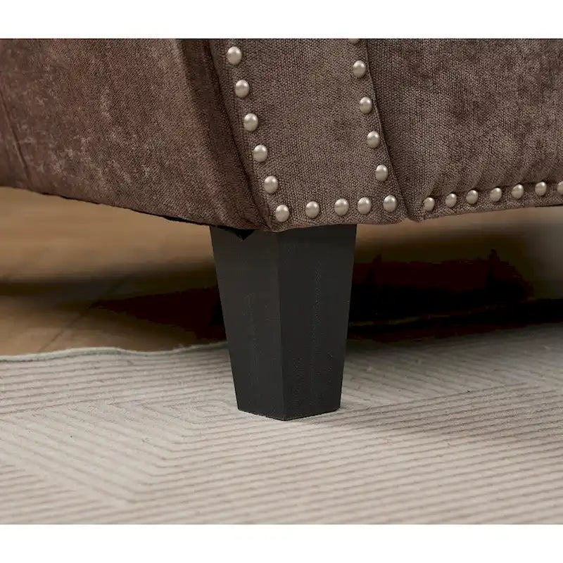 Canapé d'angle 6 places en chenille avec accoudoirs roulés décorés de rivets
