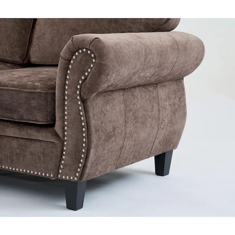 Canapé d'angle 6 places en chenille avec accoudoirs roulés décorés de rivets