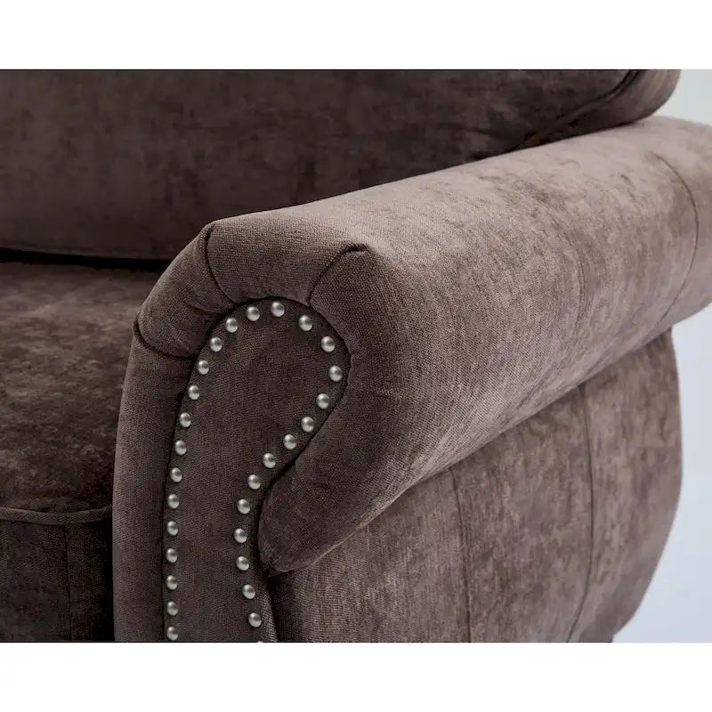 Canapé d'angle 6 places en chenille avec accoudoirs roulés décorés de rivets