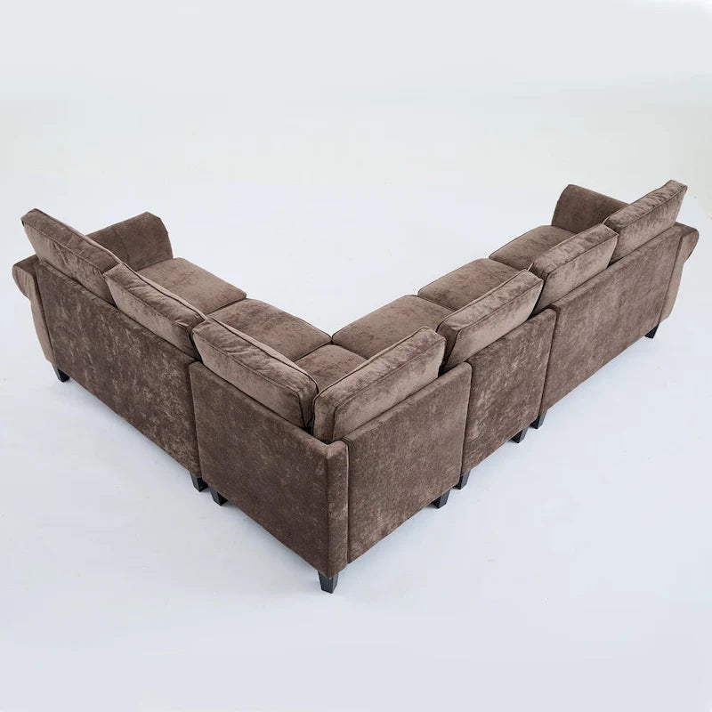 Canapé d'angle 6 places en chenille avec accoudoirs roulés décorés de rivets