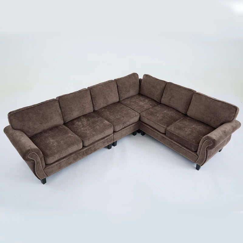 Canapé d'angle 6 places en chenille avec accoudoirs roulés décorés de rivets