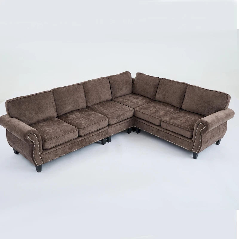 Canapé d'angle 6 places en chenille avec accoudoirs roulés décorés de rivets