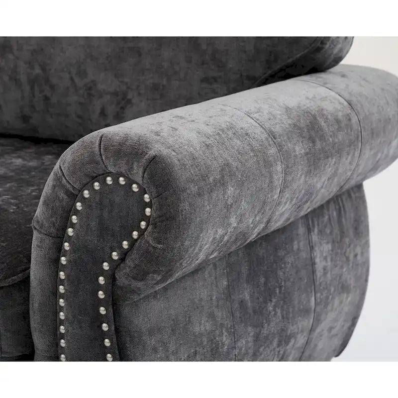 Canapé d'angle 6 places en chenille avec accoudoirs roulés décorés de rivets