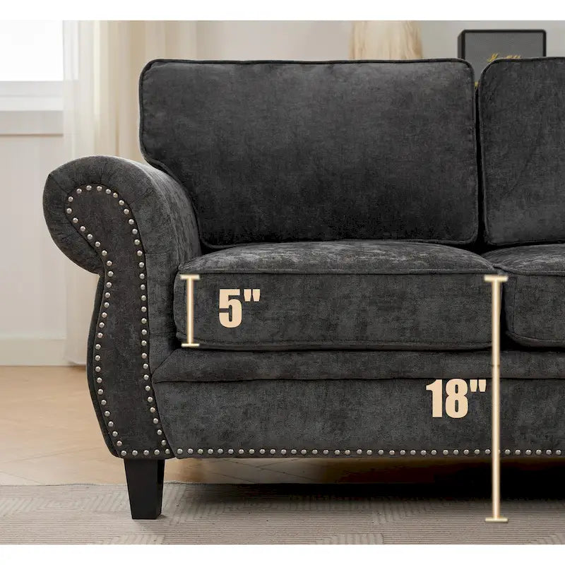 Canapé d'angle 6 places en chenille avec accoudoirs roulés décorés de rivets