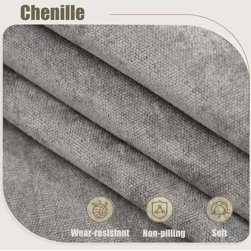 Canapé d'angle 6 places en chenille avec accoudoirs roulés décorés de rivets