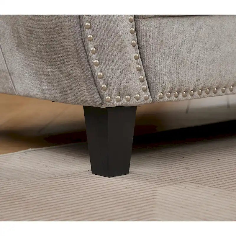 Canapé d'angle 6 places en chenille avec accoudoirs roulés décorés de rivets