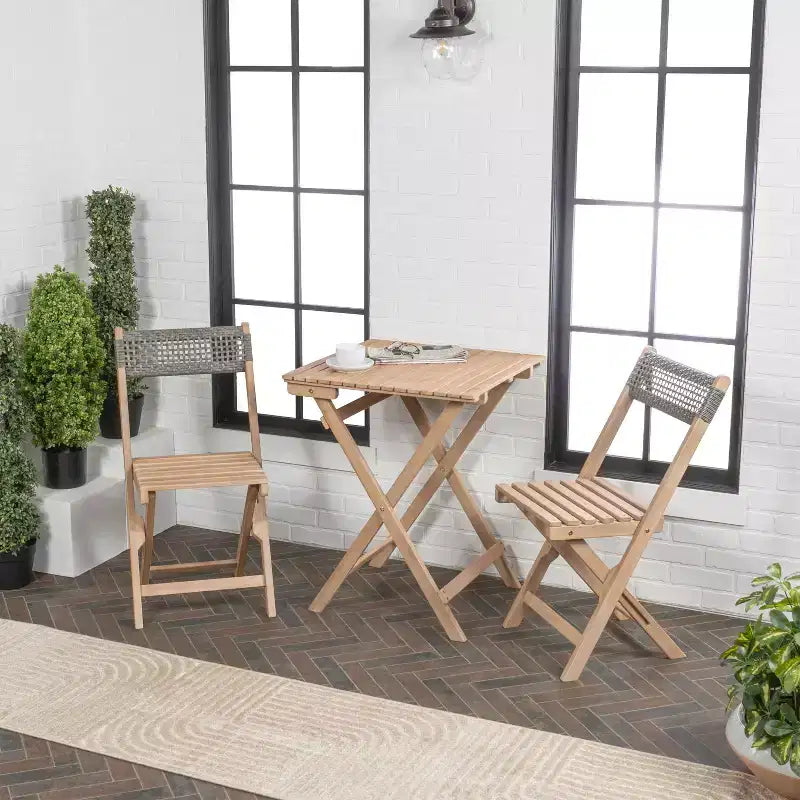 Bistro pliant d'extérieur en bois d'acacia tressé, style moderne du milieu du siècle