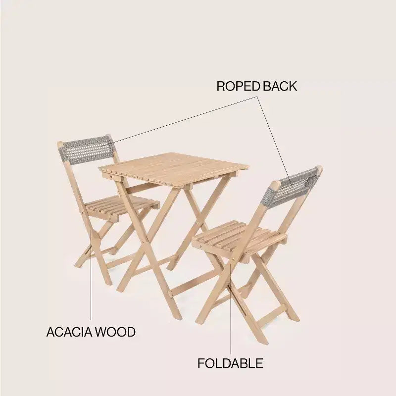 Bistro pliant d'extérieur en bois d'acacia tressé, style moderne du milieu du siècle