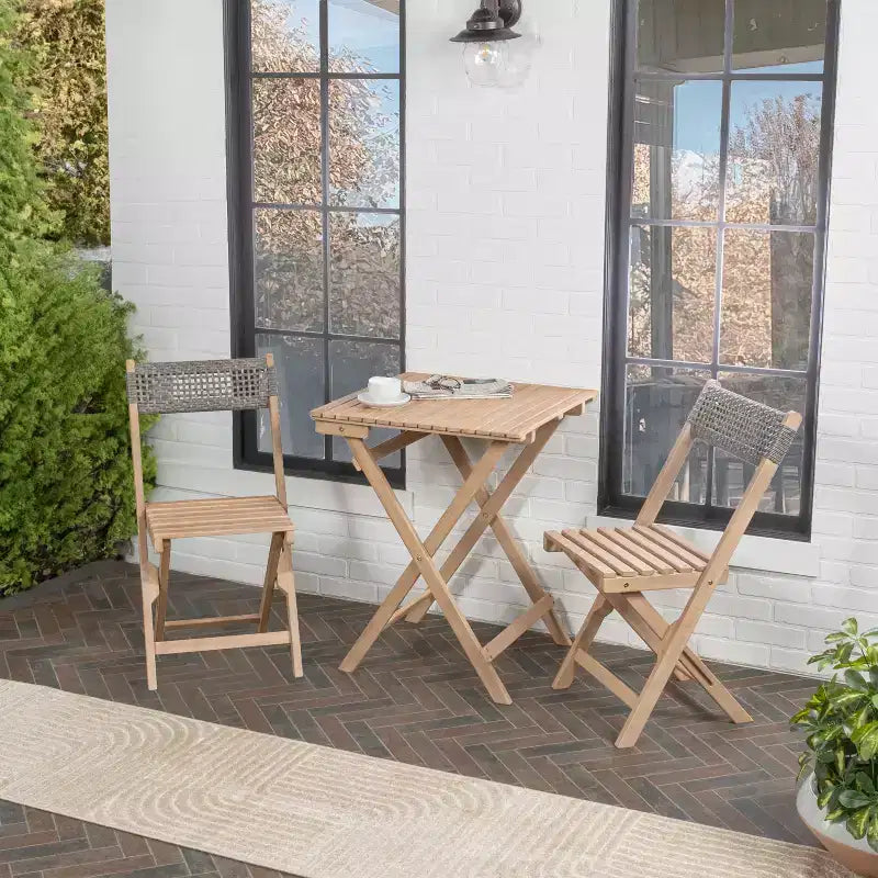 Bistro pliant d'extérieur en bois d'acacia tressé, style moderne du milieu du siècle