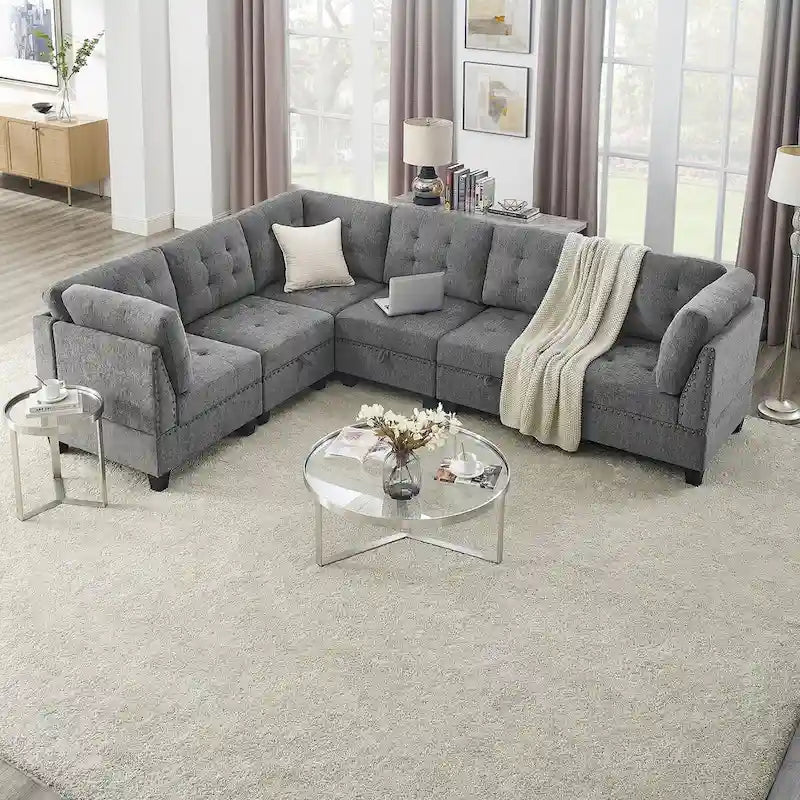 Canapé modulable en L en chenille grise
